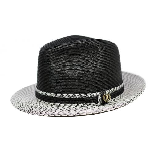 Bruno Capelo Black / White / Grey Braided Fedora Straw Hat With Contrast Brim BC-704